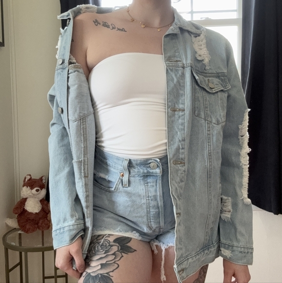 Oversized Y2K Distressed Jean Denim Jacket - Picture 1 of 13